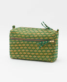 unique medium toiletry bag with grass green & tan floral print handmade in India from vintage cotton saris