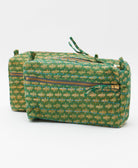 one-of-a-kind green toiletry bag with different colored hand embroidery by Anchal artisans