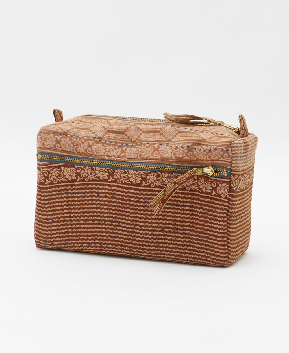 unique medium toiletry bag with brown & tan stripe print handmade in India from vintage cotton saris