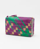 cosmetic travel bag in a purple & green abstract print with black hand-stitched kantha embroidery