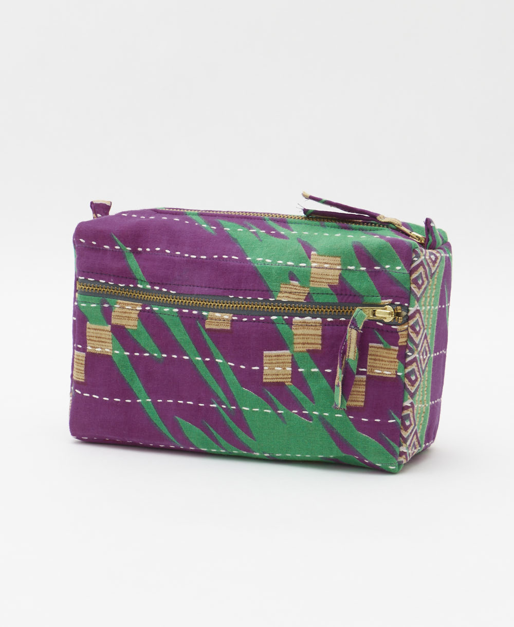 unique medium toiletry bag with purple & green abstract print handmade in India from vintage cotton saris