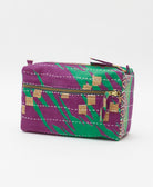 unique medium toiletry bag with purple & green abstract print handmade in India from vintage cotton saris