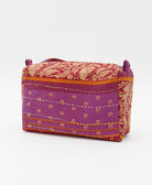 cosmetic travel bag in a purple & red stripe print with neon hand-stitched kantha embroidery