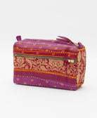 unique medium toiletry bag with purple & red stripe print handmade in India from vintage cotton saris