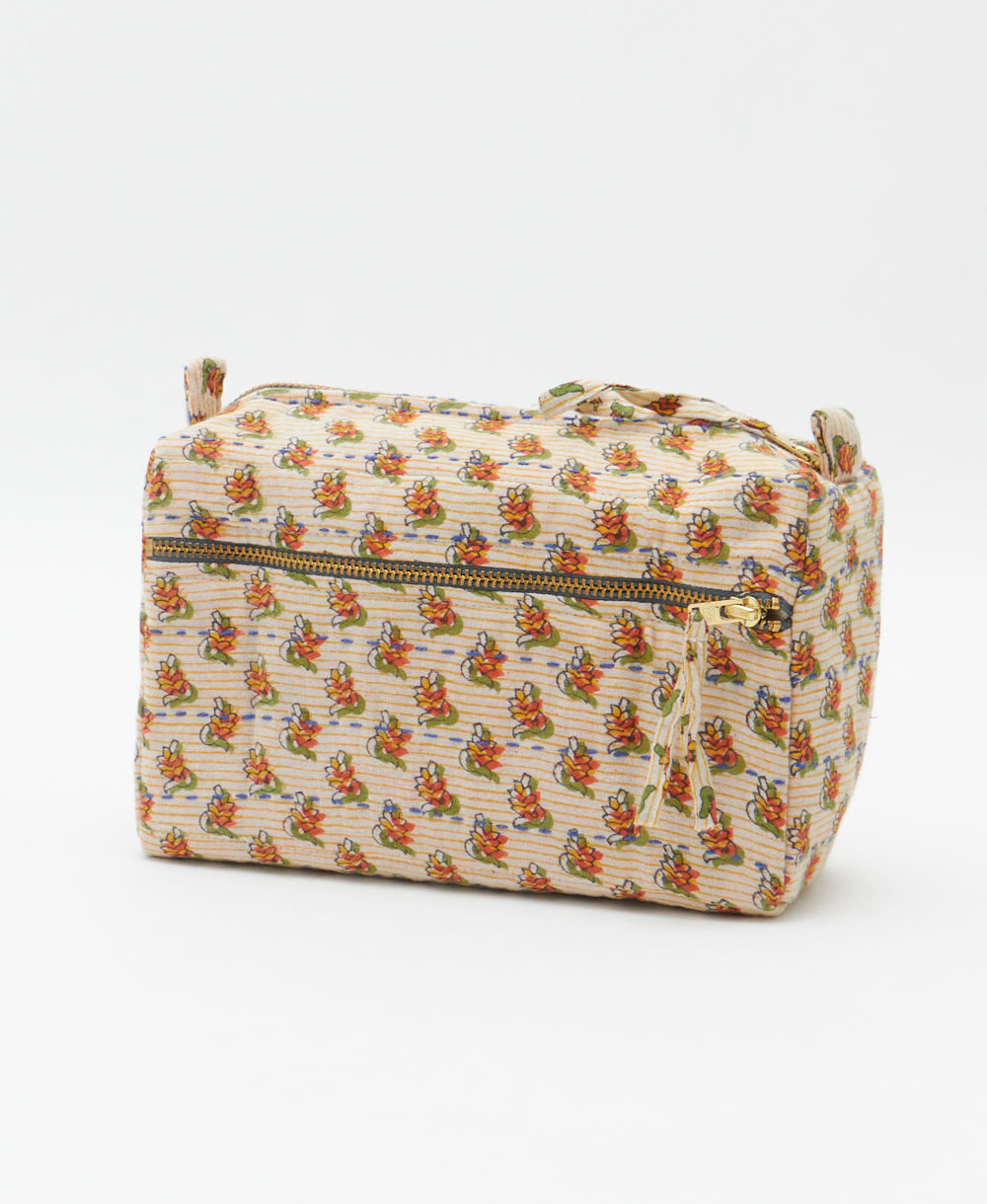 unique medium toiletry bag with sand, orange & olive floral print handmade in India from vintage cotton saris