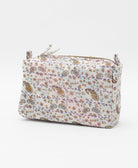 cosmetic travel bag in a white & floral paisley print with purple hand-stitched kantha embroidery