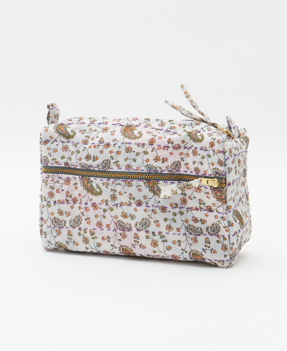 unique medium toiletry bag with white & olive paisley print handmade in India from vintage cotton saris