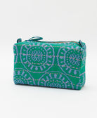 cosmetic travel bag in a teal & red stripe print with neon pink hand-stitched kantha embroidery