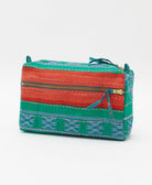 unique medium toiletry bag with teal & red stripe print handmade in India from vintage cotton saris