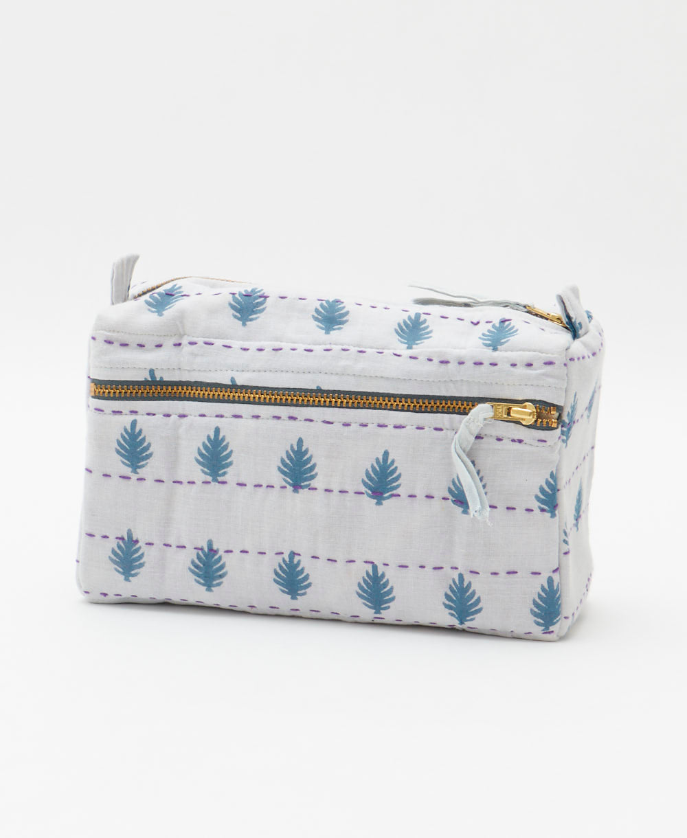 unique medium toiletry bag with white & slate grey leaf print handmade in India from vintage cotton saris