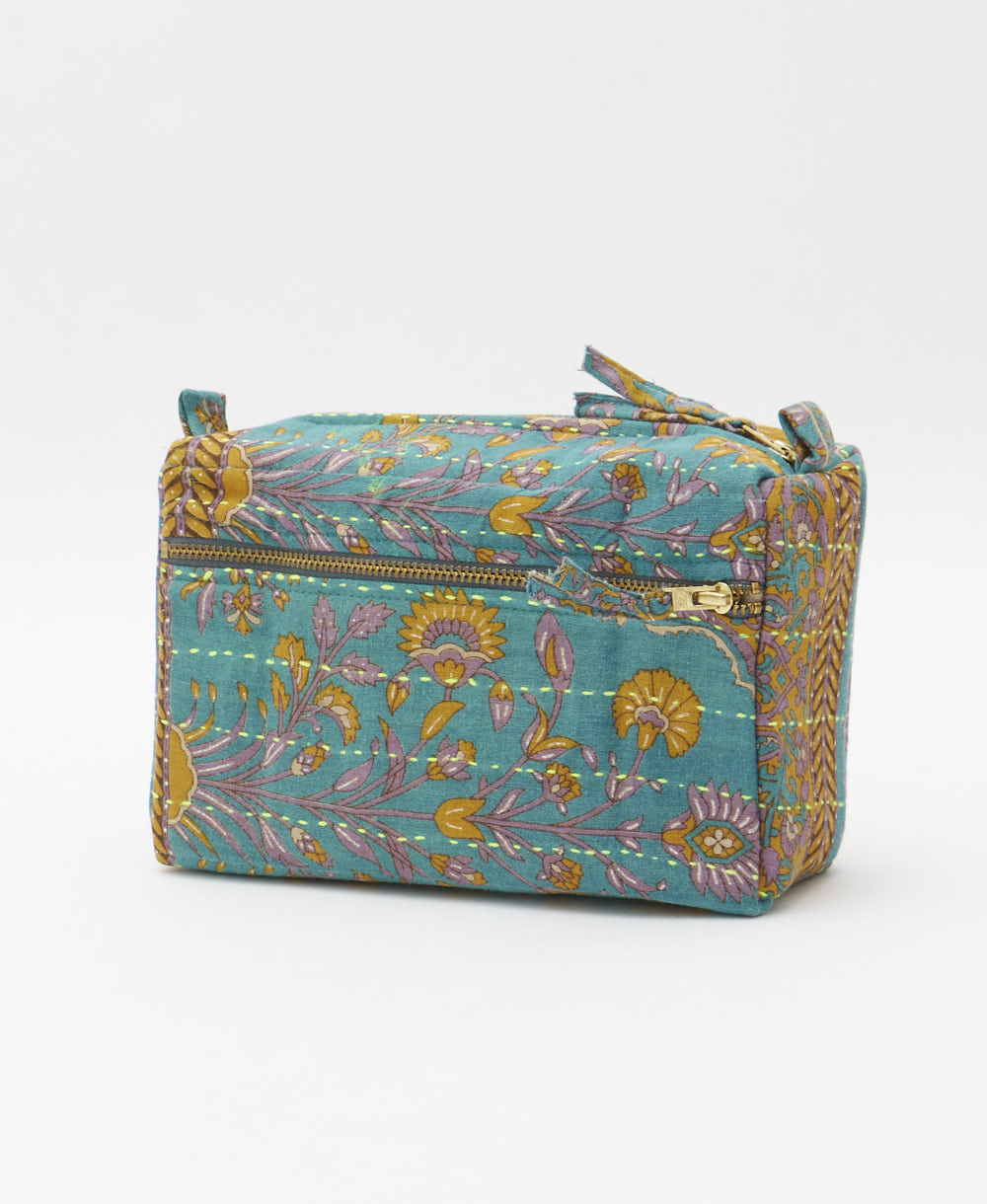 unique medium toiletry bag with purple, gold & teal floral print handmade in India from vintage cotton saris