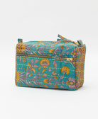 unique medium toiletry bag with purple, gold & teal floral print handmade in India from vintage cotton saris