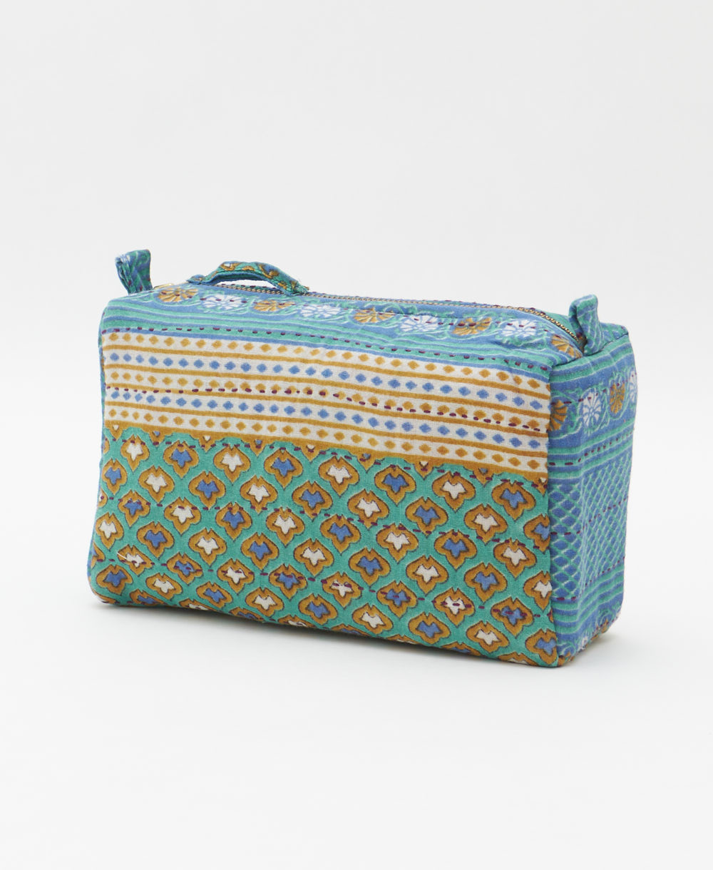 cosmetic travel bag in a yellow & teal diamond print with black hand-stitched kantha embroidery