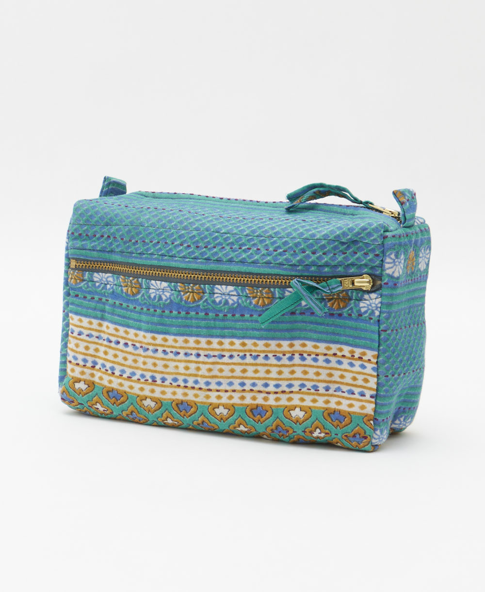 unique medium toiletry bag with yellow & teal diamond print handmade in India from vintage cotton saris