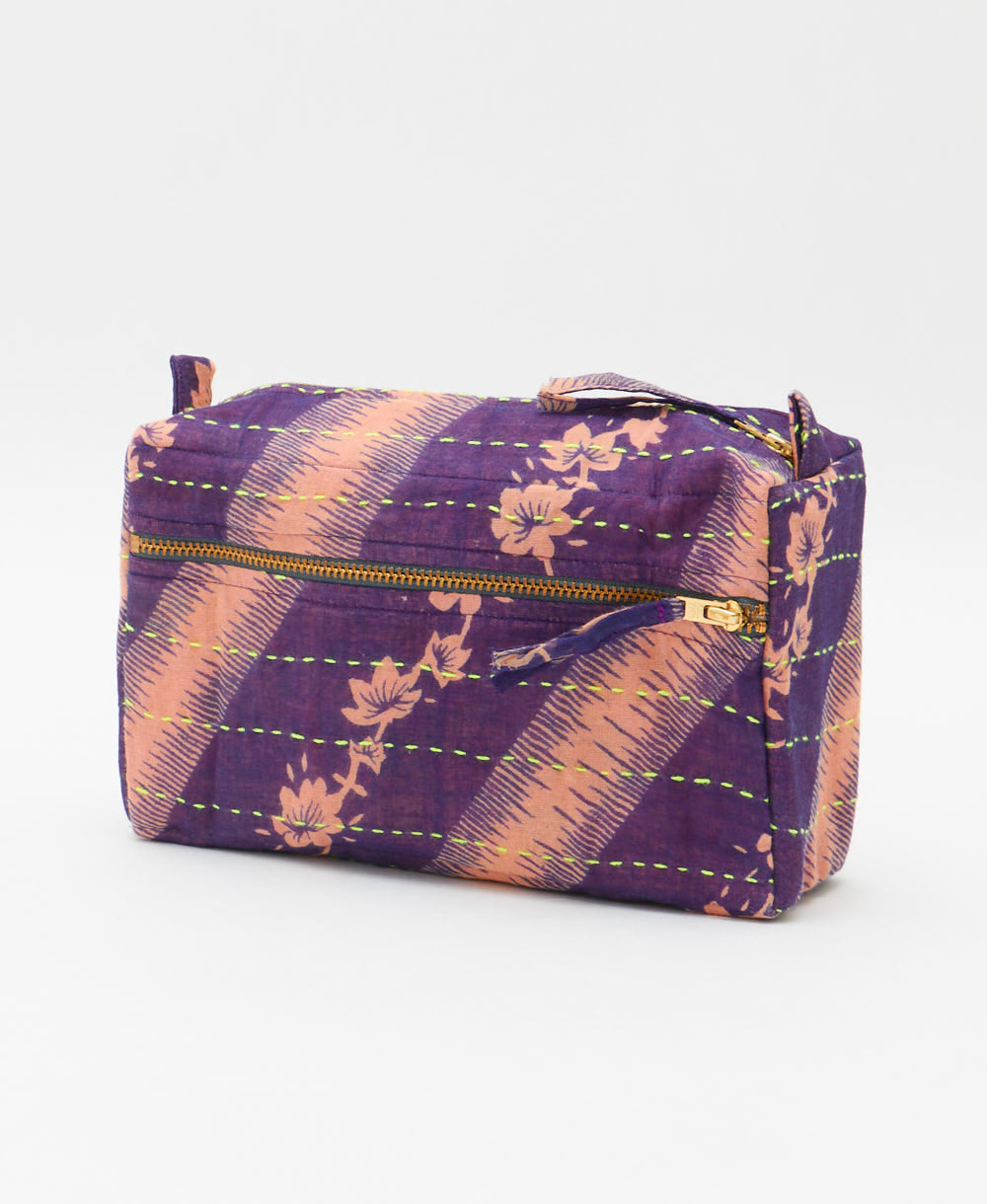 unique medium toiletry bag with purple & peach floral print handmade in India from vintage cotton saris