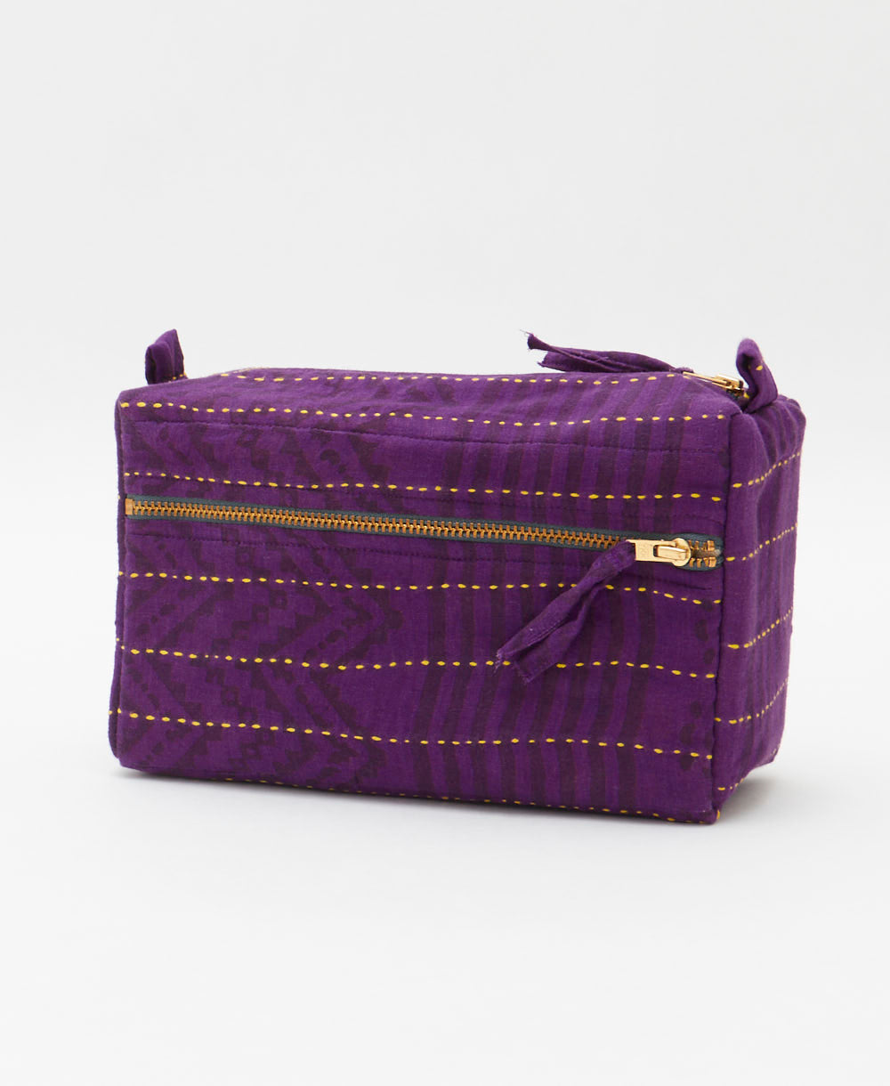 unique medium toiletry bag with subtle purple stripe print handmade in India from vintage cotton saris