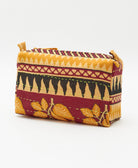 cosmetic travel bag in unique bold yellow and maroon stripe print handmade by women artisans