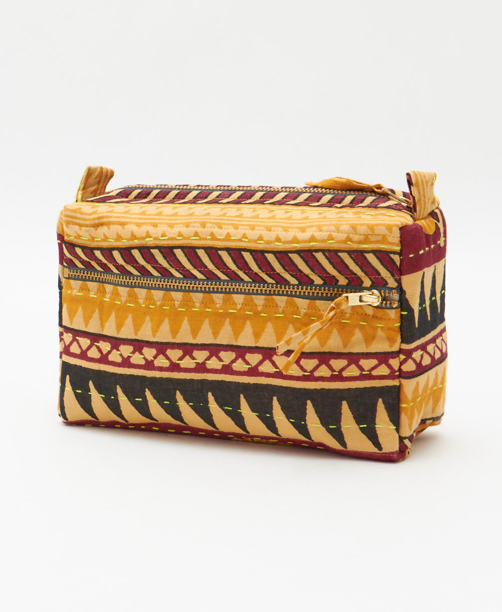 yellow & red medium toiletry bag in southwestern stripe print handmade from vintage cotton in India