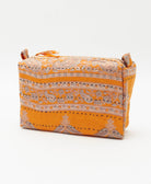 sustainable cosmetic travel bag in orange and grey paisley print with hand-embroidery