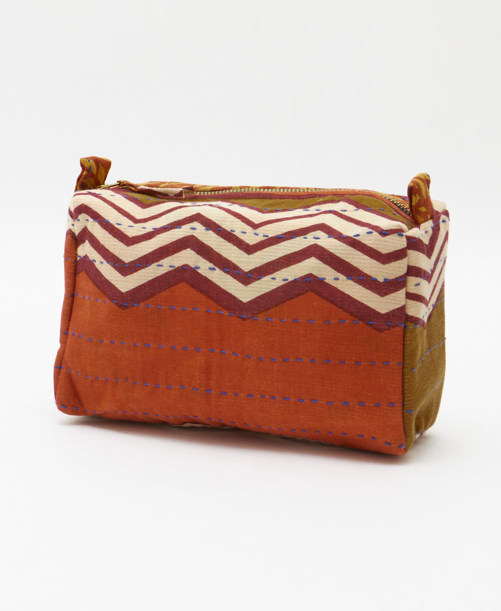 rust and maroon cosmetic travel bag in chevron print made in India