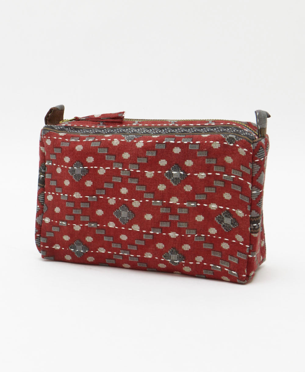 cosmetic travel bag in one-of-a-kind grey & maroon southwestern print hand-embroidered in India