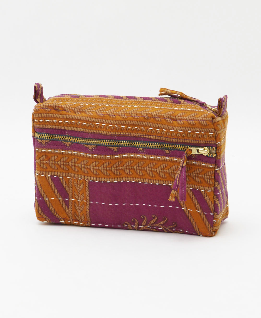 eggplant & dark orange medium toiletry bag in botanical print handmade in India from eco-friendly vintage cotton saris