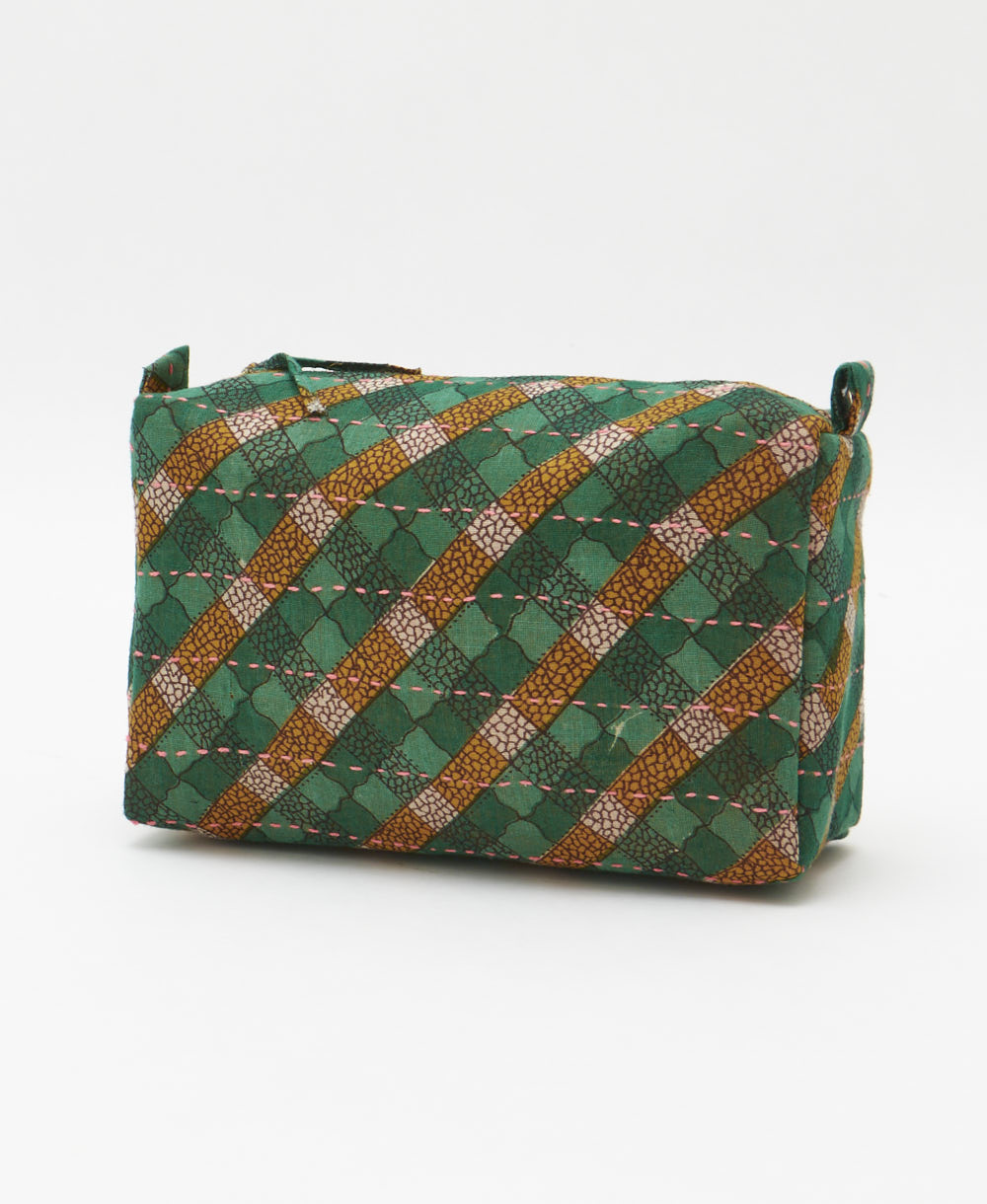 cosmetic travel bag in green & orange plaid print handmade & hand-embroidered in India