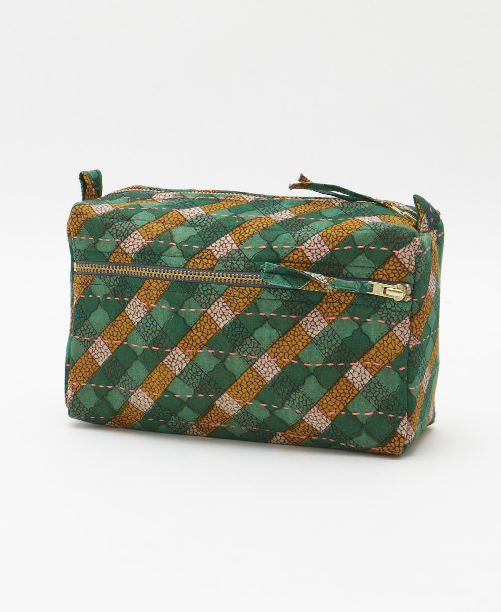 green medium toiletry bag in orange plaid print made from upcycled vintage cotton saris in India