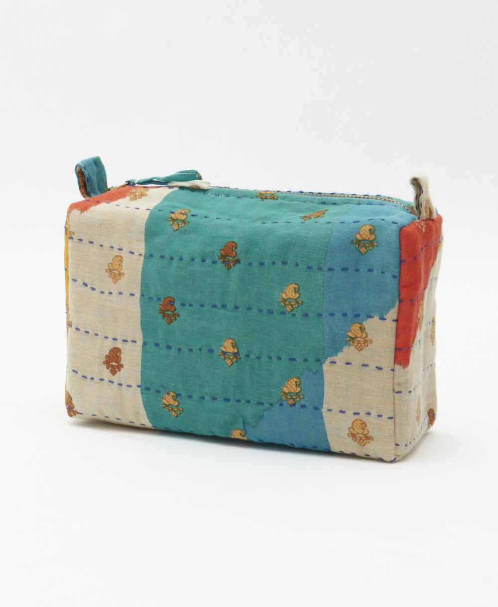 teal & golden yellow cosmetic travel bag crafted in India from vintage cotton fabrics