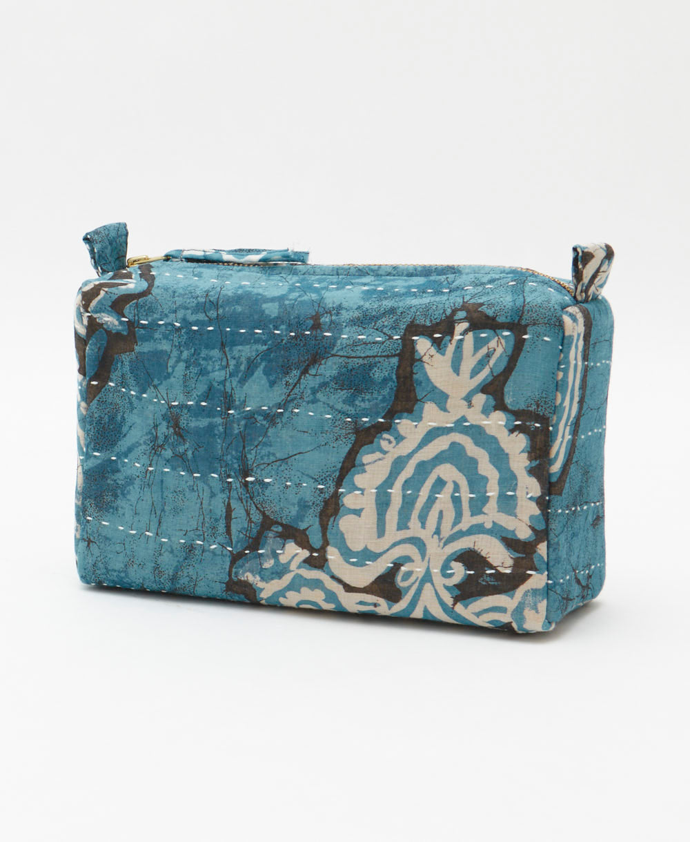 eco-friendly cosmetic travel bag in ocean blue abstract print handmade from vintage cotton saris