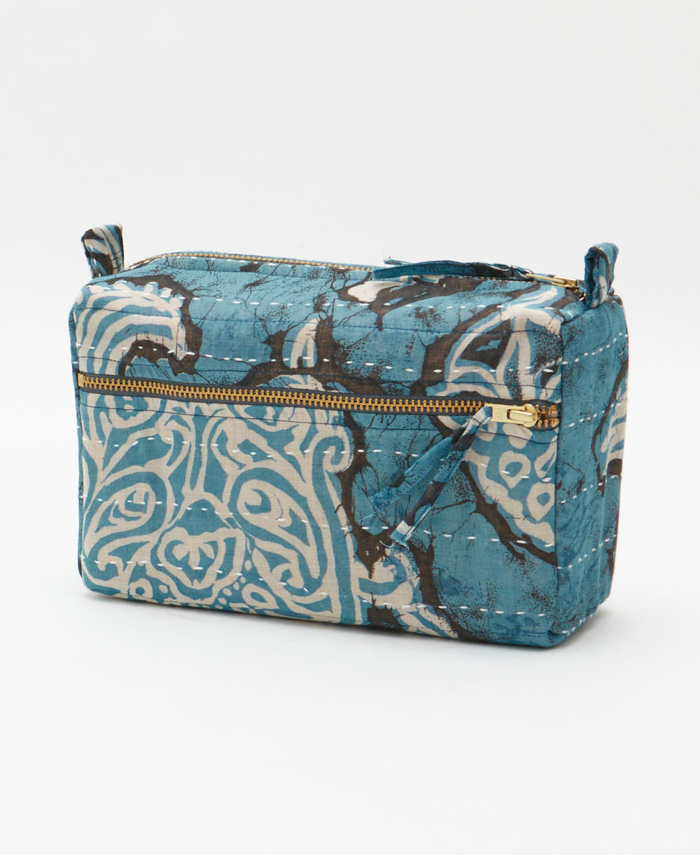 ocean blue medium toiletry bag made in India from upcycled vintage cotton saris