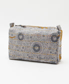 light grey cosmetic travel bag made from upcycled vintage cotton fabrics in India by women artisans