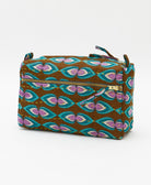 brown medium toiletry bag in a purple and teal teardrop print handmade in India from vintage saris