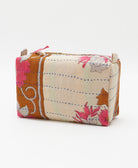 cosmetic travel bag made in India from one-of-a-kind vintage cotton fabri c in camel & hot pink floral