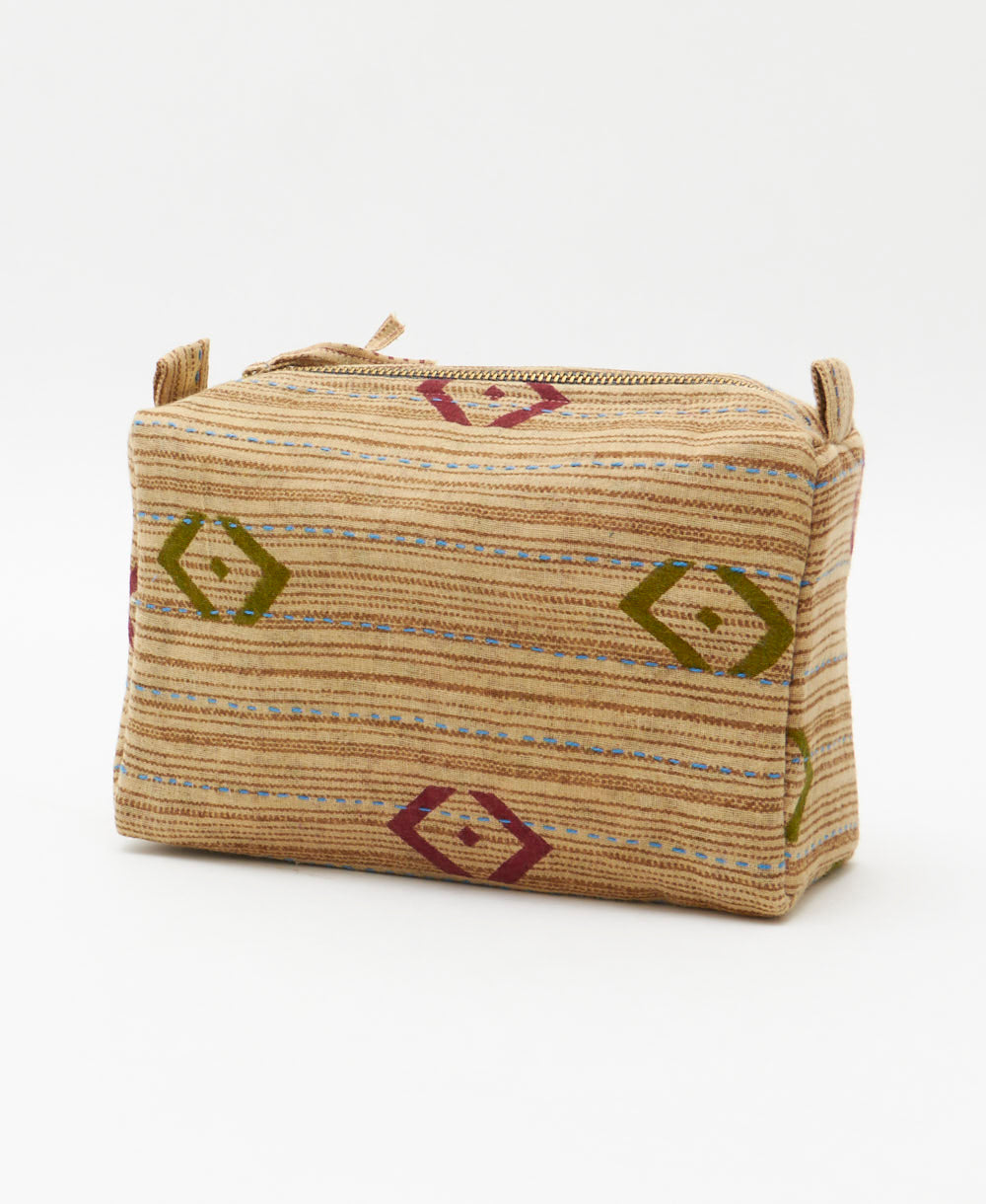 light tan cosmetic travel bag with olive and maroon diamond print embroidered in India