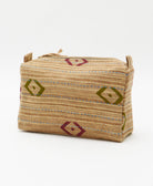 light tan cosmetic travel bag with olive and maroon diamond print embroidered in India