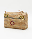 tan medium toiletry bag with olive and maroon diamond print handmade in India from vintage fabrics