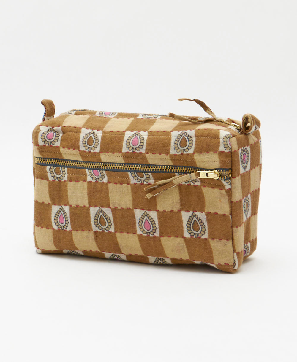 checkered medium toiletry bag in light brown and tan ethically made in India from vintage cotton saris