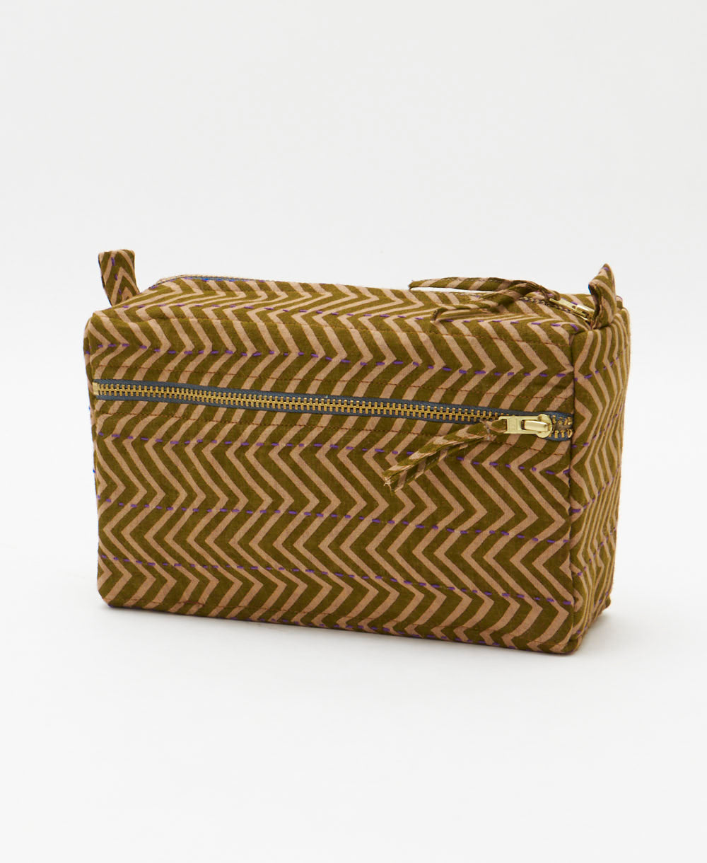 olive green medium toiletry bag in a chevron print made in India from upcycled vintage saris