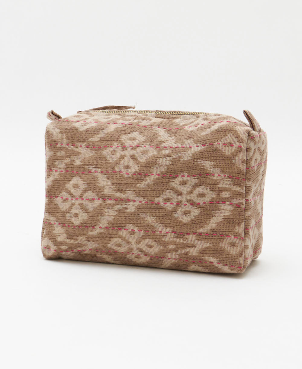 sandy beige cosmetic travel bag in bold chevron print handmade in India by womena artisans