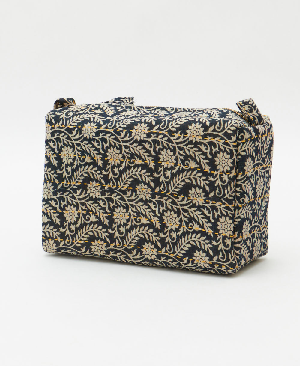 cosmetic travel bag in unique vintage charcoal and grey floral pattern handmade in India