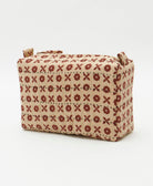 floral cosmetic travel bag in sandy beige & maroon with black hand-stitched embroidery made in India