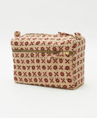 sandy beige medium toiletry bag with maroon floral print and black hand-stitched embroidery