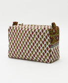 vintage cosmetic travel bag in white with red & olive green floral accents