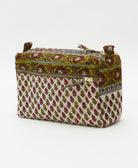 white medium toiletry bag with tiny red & olive floral print