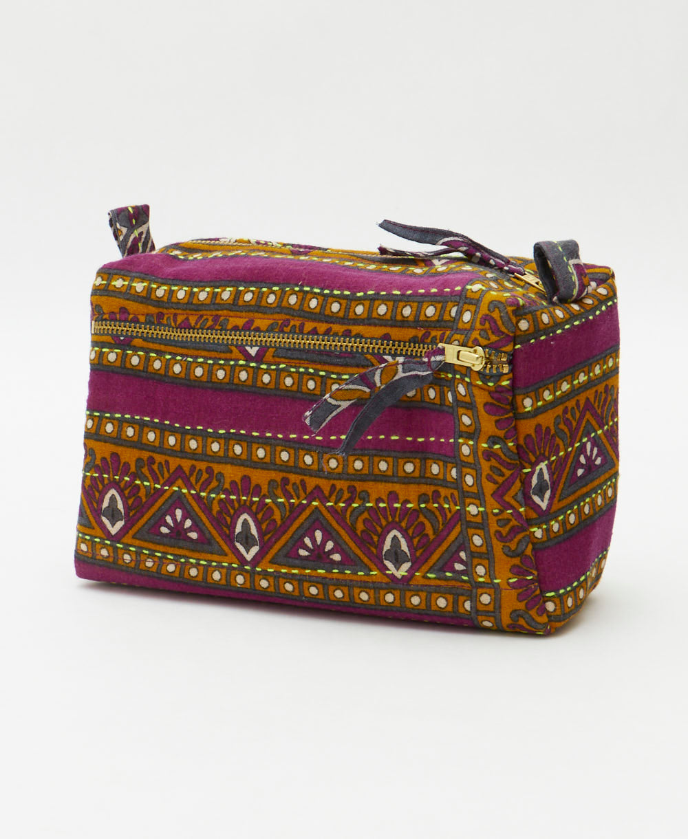 magenta purple medium toiletry bag in a marigold yellow & smokey grey geometric stripe print