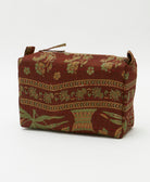 floral cosmetic travel bag in red-brown with turquoise floral & hot pink stitching