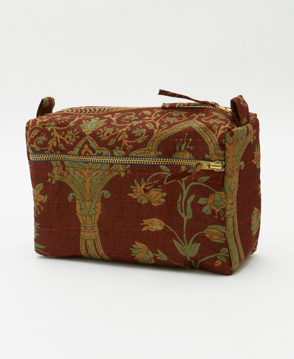 red-brown medium toiletry bag with muted turquoise and tan flowers handmade from vintage saris