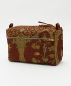 red-brown medium toiletry bag with muted turquoise and tan flowers handmade from vintage saris