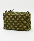 ethically made cosmetic travel bag in hunter green with light grey floral print & yellow embroidery